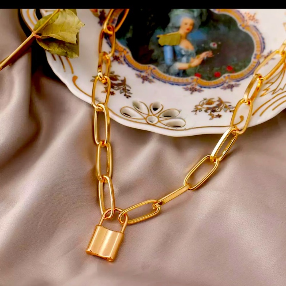 Gold Paper Clip Chain with Padlock 18” Necklace